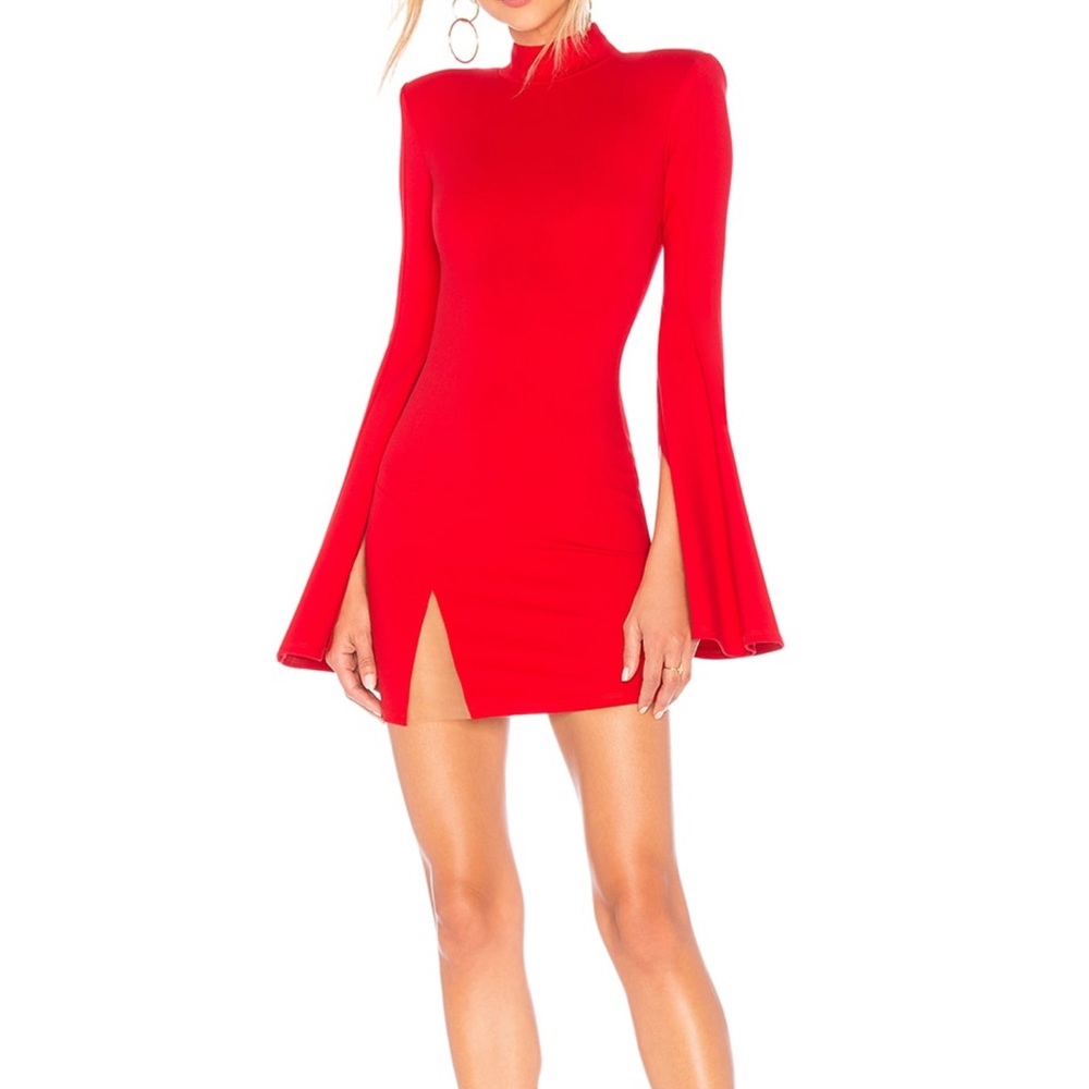 Michael Costello Red Bodycon Dress with Bell Sleeves and Mock Neck